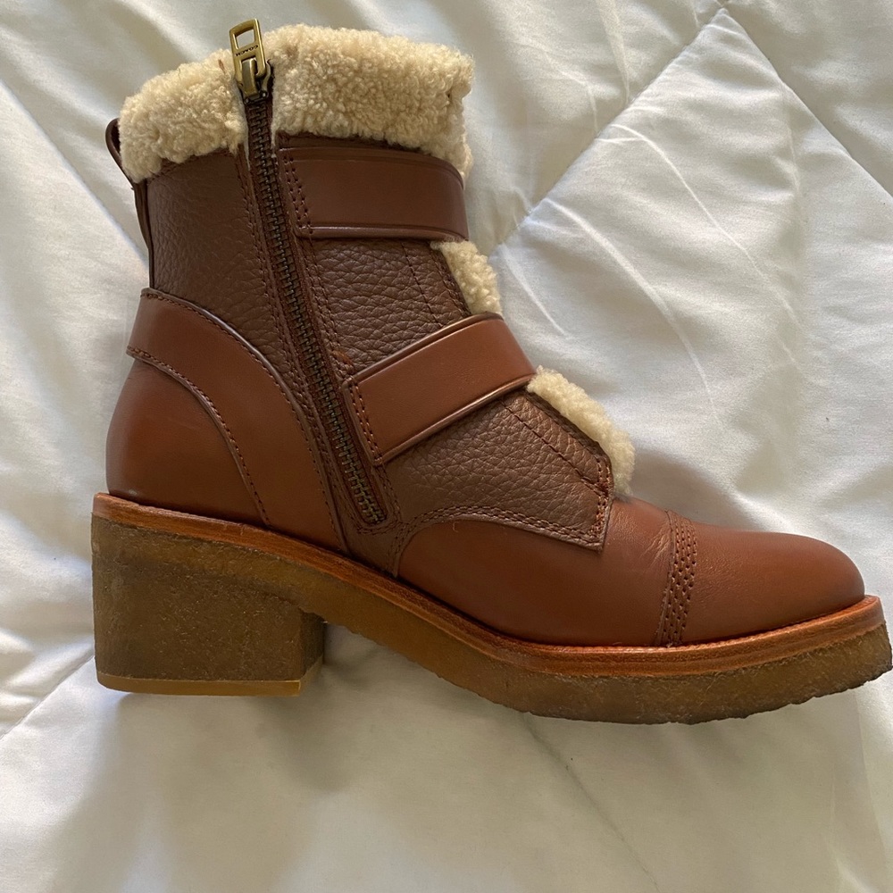 Women's Coach Preston Brown Leather Shearling Fur Block Heel Ankle Boots